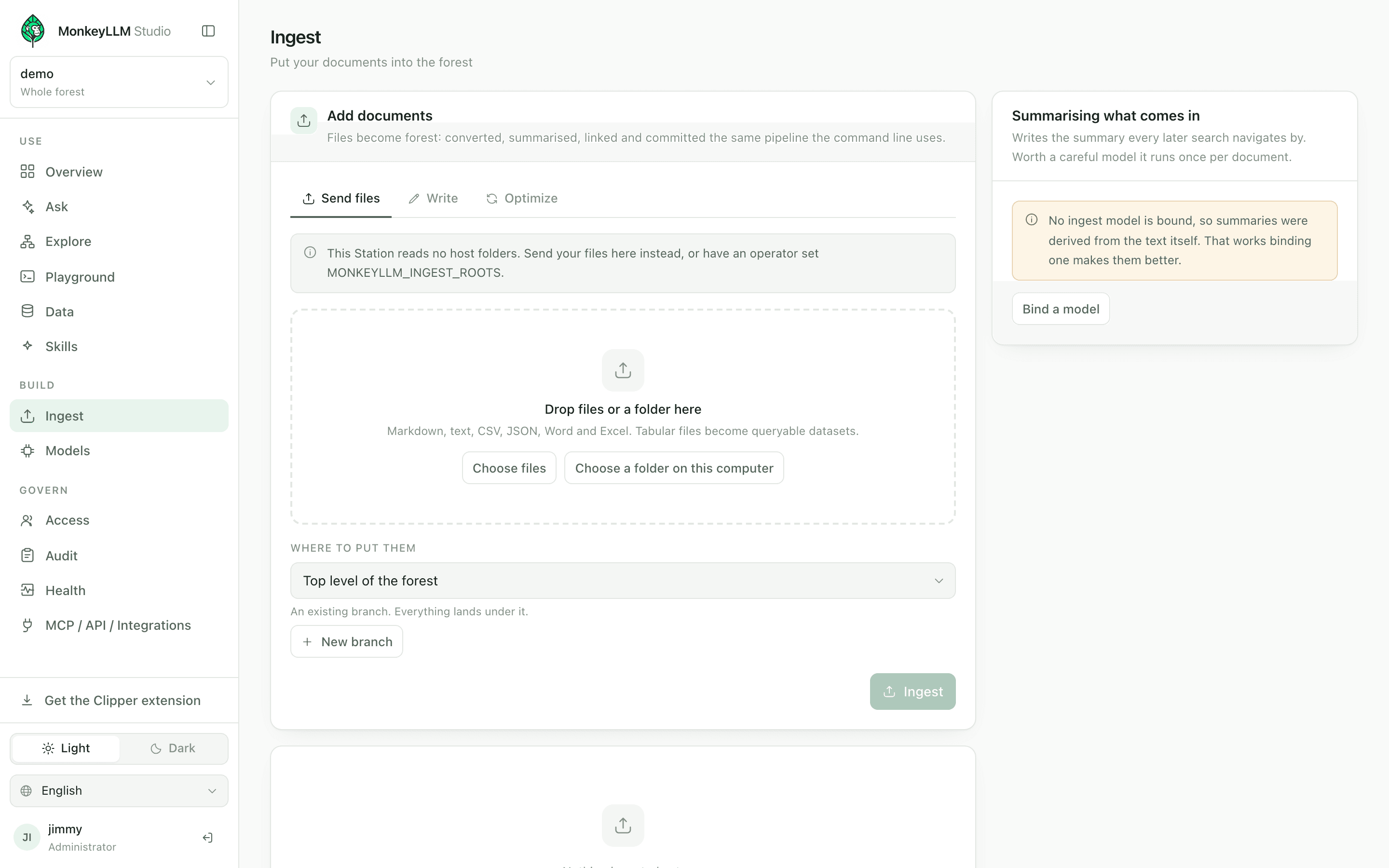 The Ingest console: sending files into a forest as a job you can watch