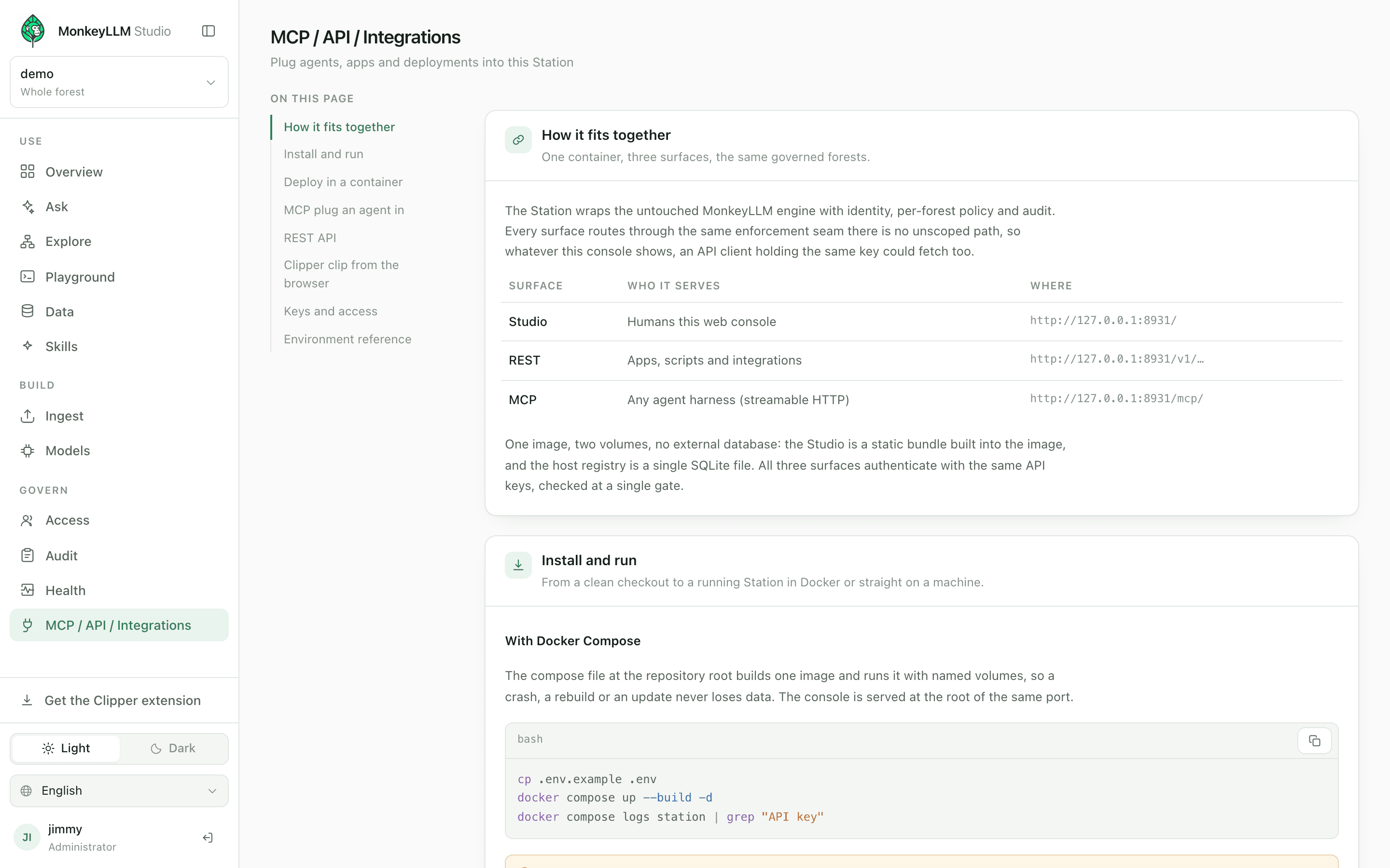 Integrations: The exact snippets for this deployment, address already filled in.