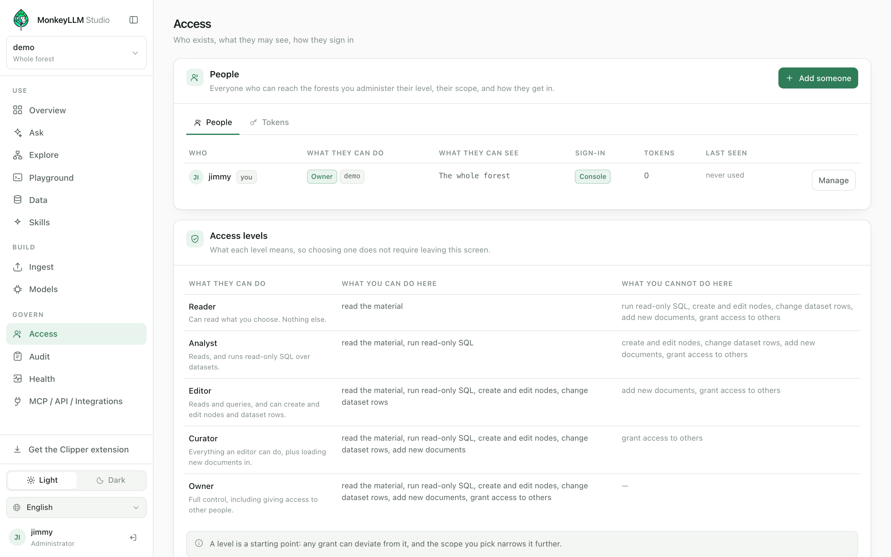 Access control in the Studio: one row per agent, scoped keys and live tokens